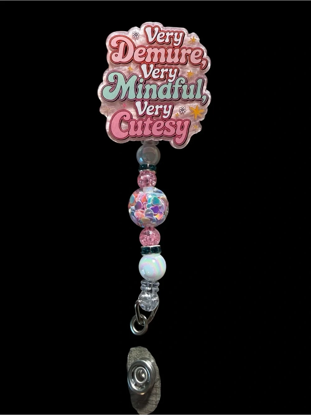 Very Demure Pink Beaded Badge Reel